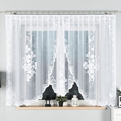 Markizeta Fuksja - Jacquard Gordijn - 400x160 cm - Witte Bloemen - Decoratieve Onderzijde
