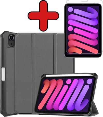 Hoesje - Geschikt voor Apple iPad Mini 6 (2021) - 8.3 inch - 6e Generatie - Met Screenprotector - Trifold Bookcase Hoes - Hard Cover Case - Met Uitsparing Geschikt voor Apple Pencil - Hardcover Book - Tablethoes - Grijs