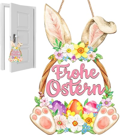 Dailygoods- Deurbordje Houten Paasdecoratie - Deurbordjes met Haas - Decoratie voor Deur/Muur - Hangende Deurkrans - Hoogwaardig Hout - "Frohe Ostern" Opdruk - Dekoratie