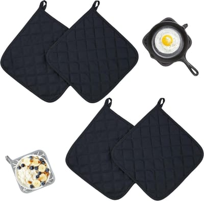 Thijox - 4 Stuks Pannenlappen 17 x 17 cm, Wasbare Katoenen Beschermlappen met Antislip, Zwart Keukenaccessoire voor Ovens en Bakken