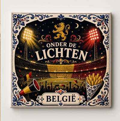 België Onder de Lichten Decoratieve Keramische Tegel – Belgische Voetbal Fan Wandtegel – Stadion Nacht Design – Rood Zwart Geel Supporter Cadeau