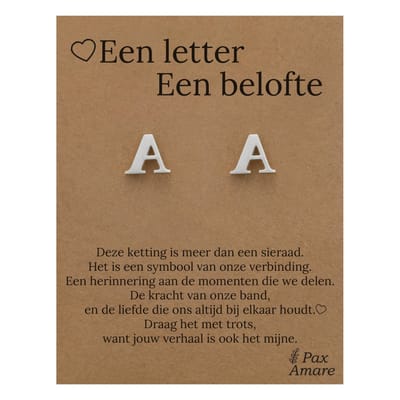Initiaal Oorbellen met Letter A op Cadeau Kaartje - Een letter, een belofte - Zilverkleurig - Naam Sieraad Cadeau - Roestvrij Staal Oorknopjes - Pax Amare