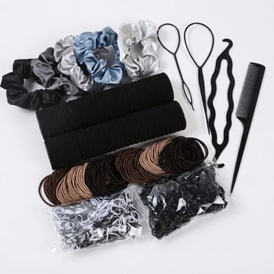 Zwart en neutraal haar accessoires set – 1109 stuks – haarelastiekjes, mini elastiekjes, scrunchies en haar tools – complete elastiekjes set voor dames – neutrale haar styling set