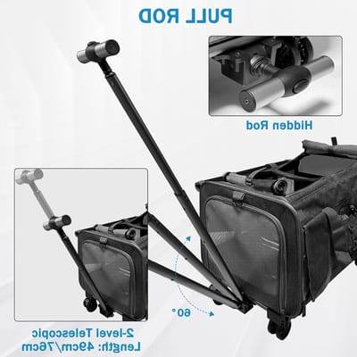 Draagtas voor 2 Huisdieren met 2 Compartimenten, 4 Wielen en Uittrekbare Handgreep, Vouwbare Grote Draagtas tot 20kg, Perfect voor Dierenartsbezoeken en Autoreizen