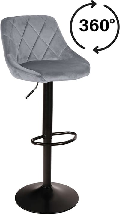 AZ Home - Barkruk Roma Lichtgrijs - Set van 2 - Velvet Grijs, Rugleuning, Modern Design, Hoogte Verstelbaar, 360° Draaibaar, Max. 120 kg