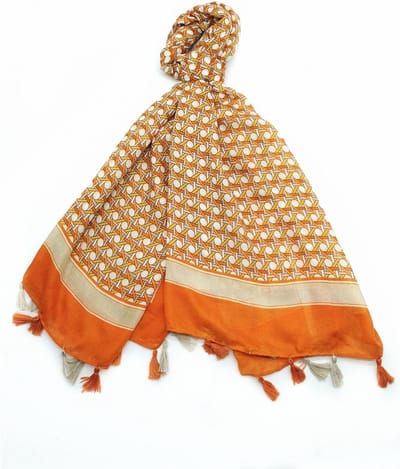 Lange dames sjaal Aretha fantasiemotief oranje wit beige meloen