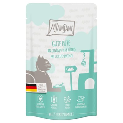 24x125g MjAMjAM Quetschie Lekkere kalkoen met gestoomde pompoen nat kattenvoer