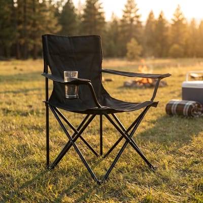 Cheqo® Campingstoel - Vouwstoel - Klapstoel Opvouwbaar met Bekerhouder en Armleuningen - Visstoel - Kampeerstoel - Tuinstoel - Outdoor Stoel - Strandstoel - Lichtgewicht - Opklapbaar - Inklapbaar - Metalen Frame - Compact - Zwart