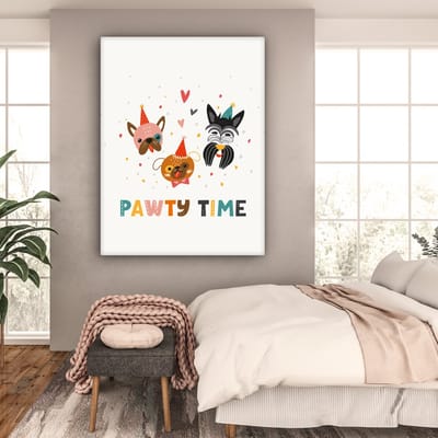 Canvas schilderij 120x160 cm - Wanddecoratie Quotes - Honden - Feest - Pawty time - Spreuken - Muurdecoratie woonkamer - Slaapkamer decoratie - Kamer accessoires - Schilderijen