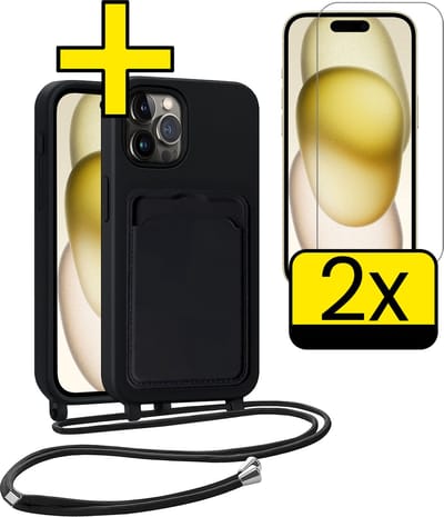 Hoesje Geschikt voor iPhone 14 Pro Telefoonhoesje Met Koord Case Pashouder Met 2x Screenprotector Siliconen - Hoes Geschikt voor iPhone 14 Pro Hoesje Met Kaarthouder - Zwart