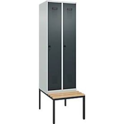 C+P Evolo Plus garderobekast, 2 vakken van elk 300 mm breed, bank eronder, B 600 x D 815 x H 2120 mm, draaischroef, lichtgrijs/antracietgrijs