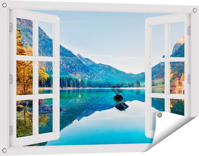 Gards Tuinposter Doorkijk Meer met Herfstbomen - 90x60 cm - Tuindoek - Tuindecoratie - Wanddecoratie buiten - Tuinschilderij