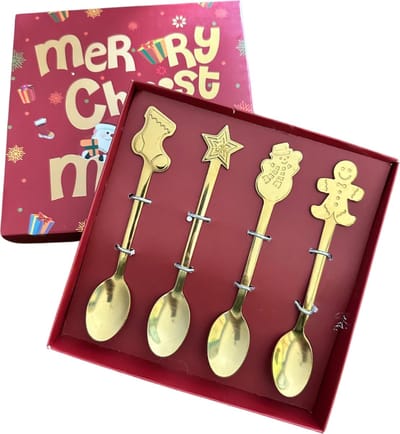Kerstbestek: Lepeltjes met Kerstdecoratie in geschenddoosje - 13CM - RVS Goud - Koffielepel/Theelepel/Dessertlepel