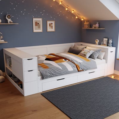 Wishdor - Kinderbed En Dagbed - Met Opberglade, Kasten En Nachtkastje - Scandinavische Stijl - MDF - Wit - 140 X 200 Cm