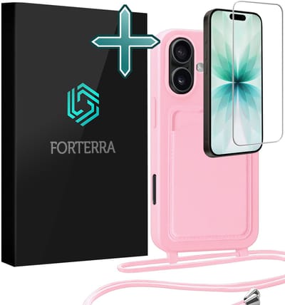 Hoesje Geschikt voor iPhone 17 Pashouder Case Siliconen Hoes Met Koord Met Screenprotector - Hoes Geschikt voor iPhone 17 Met Telefoonkoord Hoesje Back Cover Met Pasjeshouder - Lichtroze