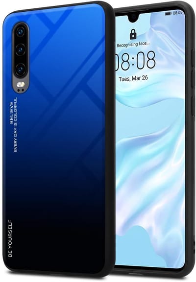 Cadorabo Hoesje geschikt voor Huawei P30 in BLAUW - ZWART - Tweekleurige beschermhoes van TPU-silicone Case Cover en achterzijde van gehard glas