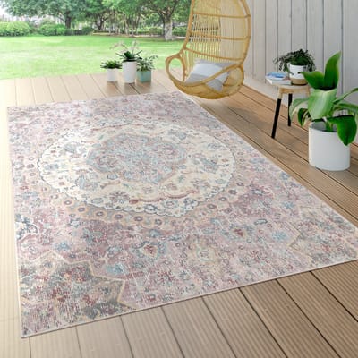 Paco Home vloerkleed voor binnen en buiten, laagpolig voor op het balkon terras, oriëntaals patroon roze Ø 160 cm Rund