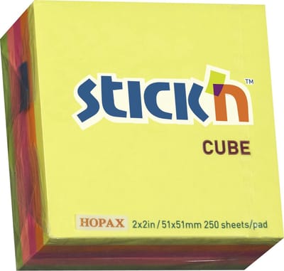Stick'n memoblok - 50x50mm - Neon - 5 kleuren - 250 sticky notes