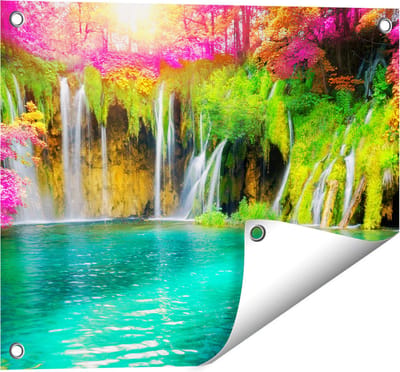 Gards Tuinposter Waterval met Roze en Groene Bloemen - 50x40 cm - Tuindoek - Tuindecoratie - Wanddecoratie buiten - Tuinschilderij