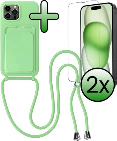 Hoes Geschikt voor iPhone 14 Pro Hoesje Pas Houder Case Hoes Met Koord Met 2x Screenprotector - Hoesje Geschikt voor iPhone 14 Pro Hoes Met Telefoonkoord Pasjeshouder Cover - Groen
