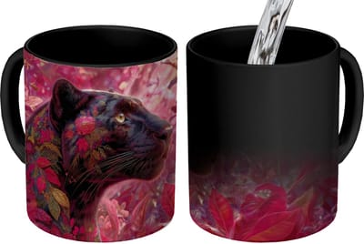 Magische Mok - Foto op Warmte Mokken - Koffiemok - Luipaard - Bloemen - Roze - Magic Mok - Beker - 350 ML - Theemok