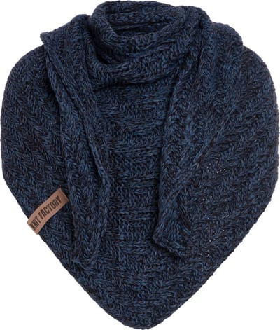 Knit Factory Sally Gebreide Omslagdoek - Driehoek Sjaal Dames - Dames sjaal - Wintersjaal - Stola - Wollen sjaal - Blauw gemêleerde sjaal - Jeans/Navy - 220x85 cm - Grof gebreid