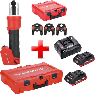 Rothenberger ROMAX NANO accu-persmachine 18 V 34 kN CAS + 2x LiHD accu 4,0 Ah + oplader + 3-delige SV persbekkenset + Rocase