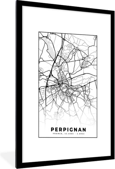 Fotolijst incl. Poster Zwart Wit- Plattegrond - Kaart - Frankrijk - Stadskaart - Perpignan - Zwart wit - 60x90 cm - Posterlijst