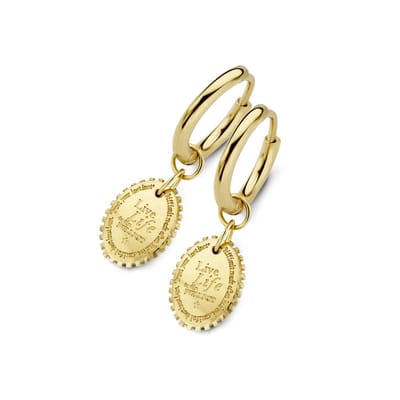 CO88 Collection Divine 8CE-70354 Stalen oorringen met hanger - ovaal - tekst - 12 mm - Goudkleurig