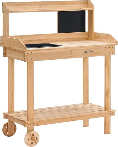 Plantentafel met wielen en lade - Weerbestendig Houten Tuintafel voor Buiten - 92x45x120 cm