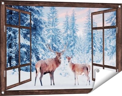Gards Tuinposter Doorkijk Twee Herten in het Bos met Sneeuw - 90x60 cm - Tuindoek - Tuindecoratie - Wanddecoratie buiten - Tuinschilderij