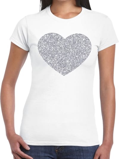 Feestkleding verkleedkleding t-shirt - met zilveren hartje - wit - voor dames - Glitter and Glamour XS