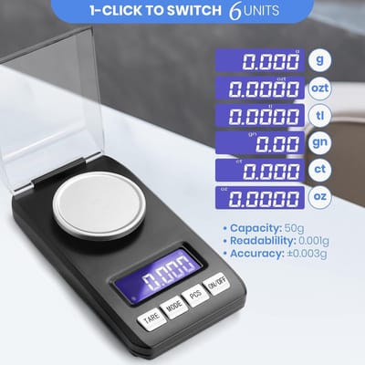 Digitale mini precisie keukenweegschaal - 0,001g/50G - Precisieweegschaal - Weegschaalkeuken - Precisie Weegschaal - Voor Het Wegen van Poeders, Sieraden, Medicijnen - Incl. Batterijen - Zwart