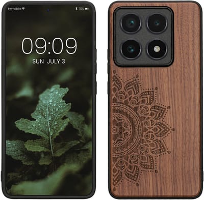 kwmobile telefoonhoesje geschikt voorXiaomi 14T Pro - Hoesje met bumper - hout - In donkerbruin Opkomende Zon design