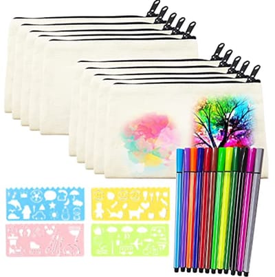 SnelShoppen - Set van 10 Canvas Pennenhouder voor Schilderen, DIY Lege Stoffen Tassen, Met Rits, Inclusief 12 Kleuren Pennen en 4 Sjablonen voor Creat