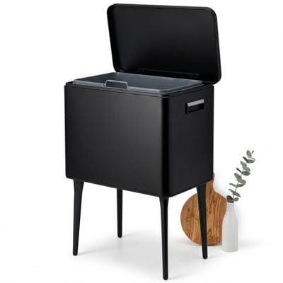 Cheqo® Prullenbak op Pootjes - Afvalbak 35 Liter met Deksel en Binnenemmer - Design Afvalemmer Vrijstaand voor Keuken en Kantoor - Vuilnisbak Zwart op Poten met Handgreep - Vuilnisemmer voor Badkamer - Retro Vuilbak - Keukenprullenbak - Metaal