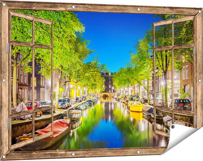 Gards Tuinposter Doorkijk Amsterdamse Gracht in de Nacht - 120x80 cm - Tuindoek - Tuindecoratie - Wanddecoratie buiten - Tuinschilderij