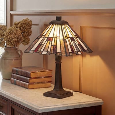 QUOIZEL Tafellamp Inglenook, brons/gekleurd, hoogte 37 cm, metaal/glas