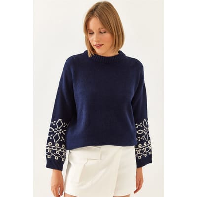 Ronde Hals Jacquard Gebreide Trui met Borduring