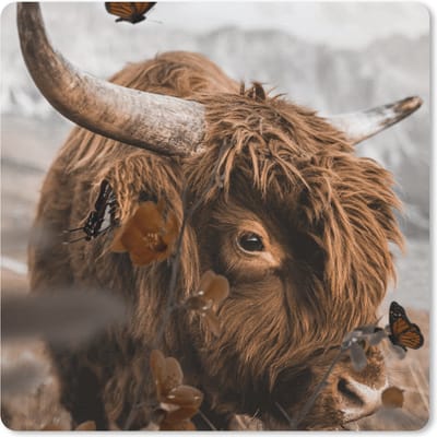 Muismat 20x20 cm - Mousepad Schotse Hooglander - Vlinder - Dieren - Muismatten