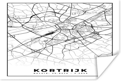 Poster Stadskaart – Zwart Wit - Kaart – Kortrijk – België – Plattegrond - 180x120 cm XXL
