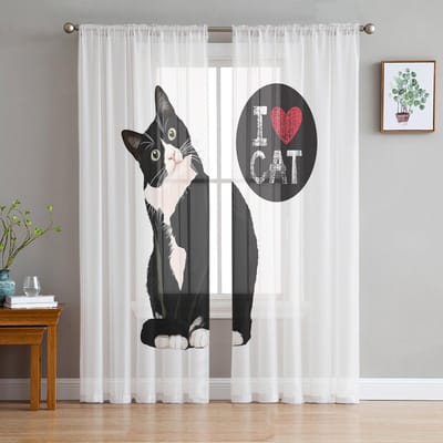 Cartoon Kat Tule Gordijnen Voor Woonkamer Huisdecoratie Raamgordijn Keuken Transparant Voile Gordijn 135W x 114H(cm) white