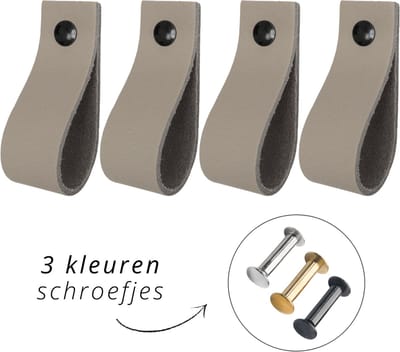 Handles and more - 4x Leren handgrepen - lusjes - Taupe - XS (12,6cm) - incl. 3 kleuren schroefjes (handgreepjes - leren greepjes - leren lusjes)
