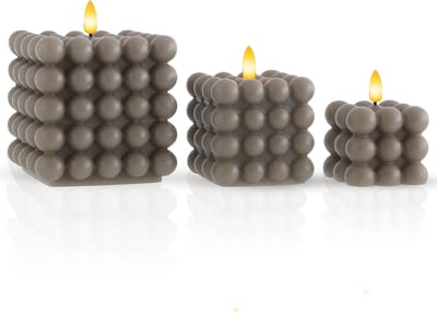 Meisterhome Bubble LED Kaarsen Set van 3 - Grijs – Wax Kaarsen met Timer – 12 cm, 9 cm & 7,5 cm – Warm Wit Flikkerend Licht – Veilig & Sfeervol