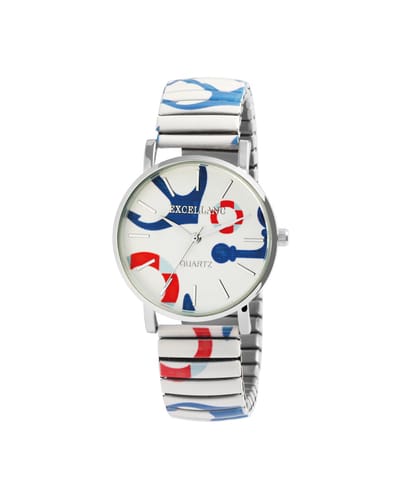 Excellanc-model 1700060-001-Dameshorloge-rekbare band-Multicolor-rood-blauw-wit-3 atm waterdicht-diameter 35mm