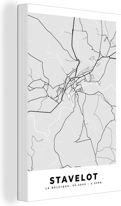 Canvas Schilderij Zwart Wit – België – Plattegrond – Stadskaart – Kaart – Stavelot - 20x30 cm - Wanddecoratie