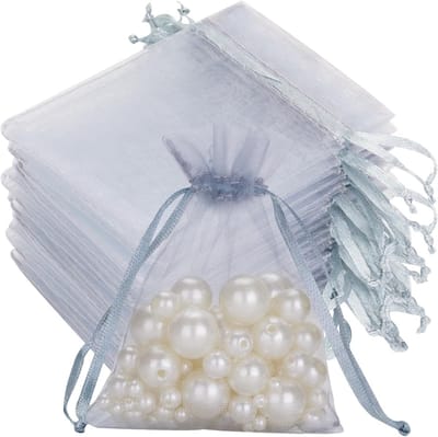 Kleine organza zakjes in zilvergrijs voor bruiloften, 50 stuks met trekkoord, ideaal voor snoep- en cadeauverpakkingen