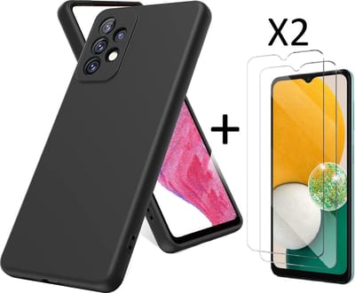 Hoesje Geschikt Voor Samsung Galaxy A13 4G Hoesje siliconen Zwart case Liquid TPU backcover - Met Screenprotector - 2 stuks