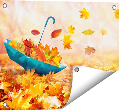 Gards Tuinposter Blauwe Paraplu in de Herfstbos met Bladeren - 50x40 cm - Tuindoek - Tuindecoratie - Wanddecoratie buiten - Tuinschilderij