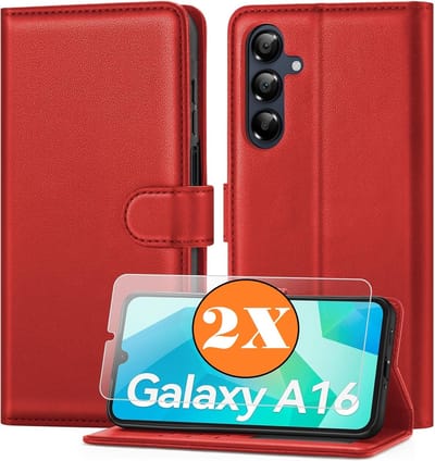 Hoesje geschikt voor Samsung Galaxy A16 4G / 5G hoesje Rood pasjeshouder telefoon hoes - Met screenprotector tempered glass voor Galaxy A16 4G / 5G - 2x